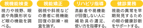 視機能検査、視能矯正、リハビリ指導、健診業務